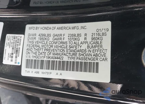 2019 Honda Accord Lx 1.5T from USA, damaged, VIN 1HGCV1F19KA044422